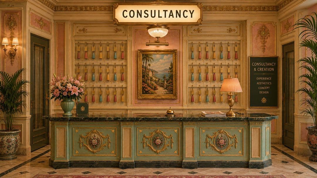 A waiter carrying a drinks tray through a warmly lit lounge with velvet armchairs