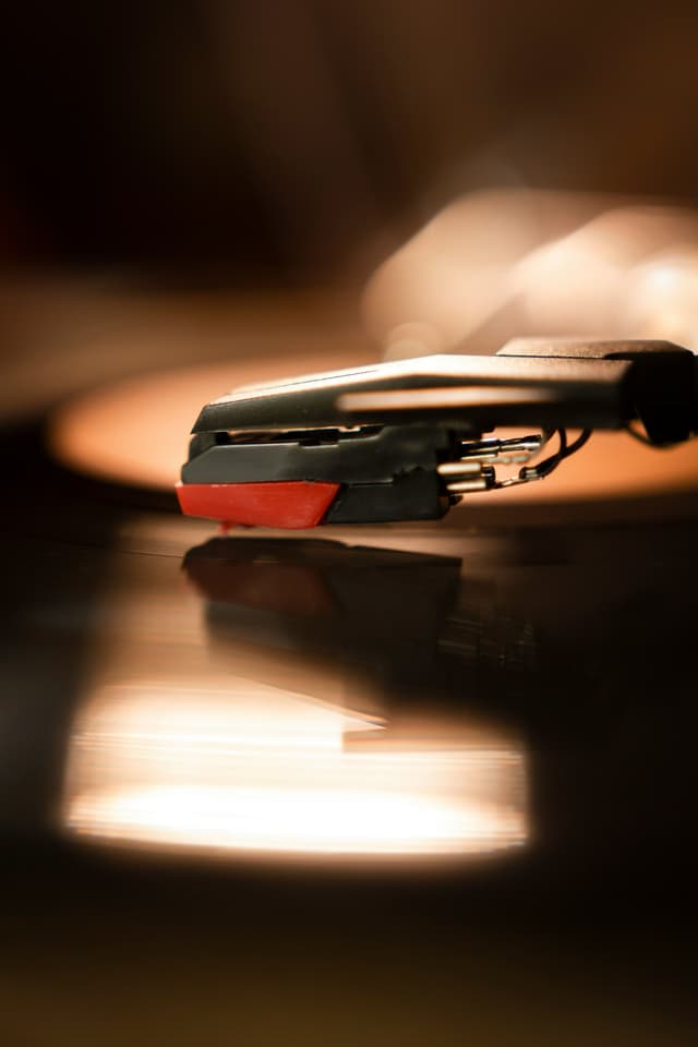 Close-up of a vinyl record turntable